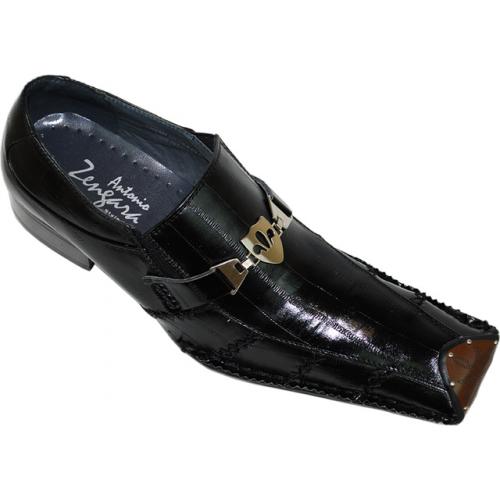 Antonio Zengara Black Eel Print With Metal Bracelet & Black Stitching Flip-Toe Leather Shoes A401081